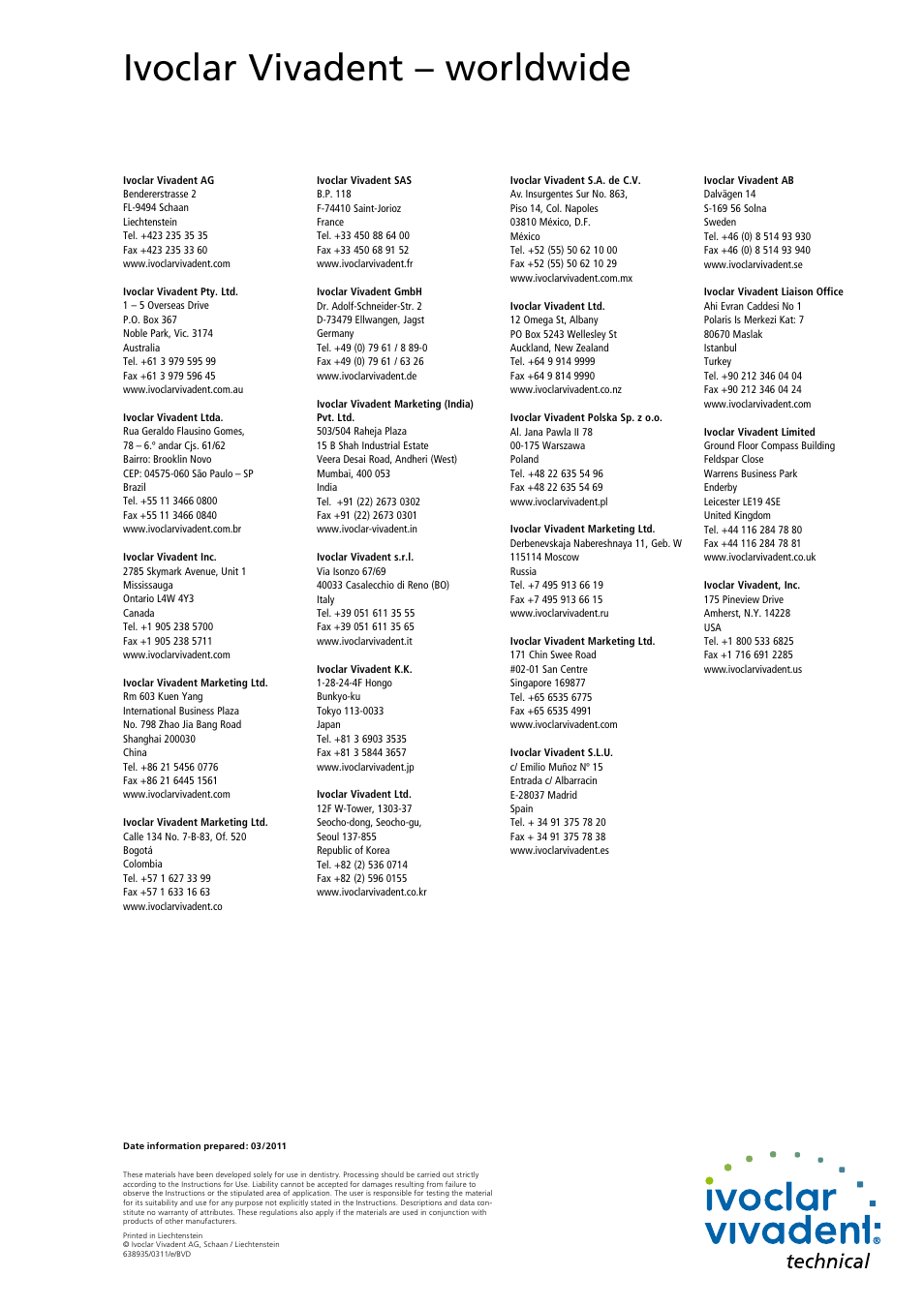 Ivoclar vivadent – worldwide | Ivoclar Vivadent SR Adoro User Manual | Page 88 / 88