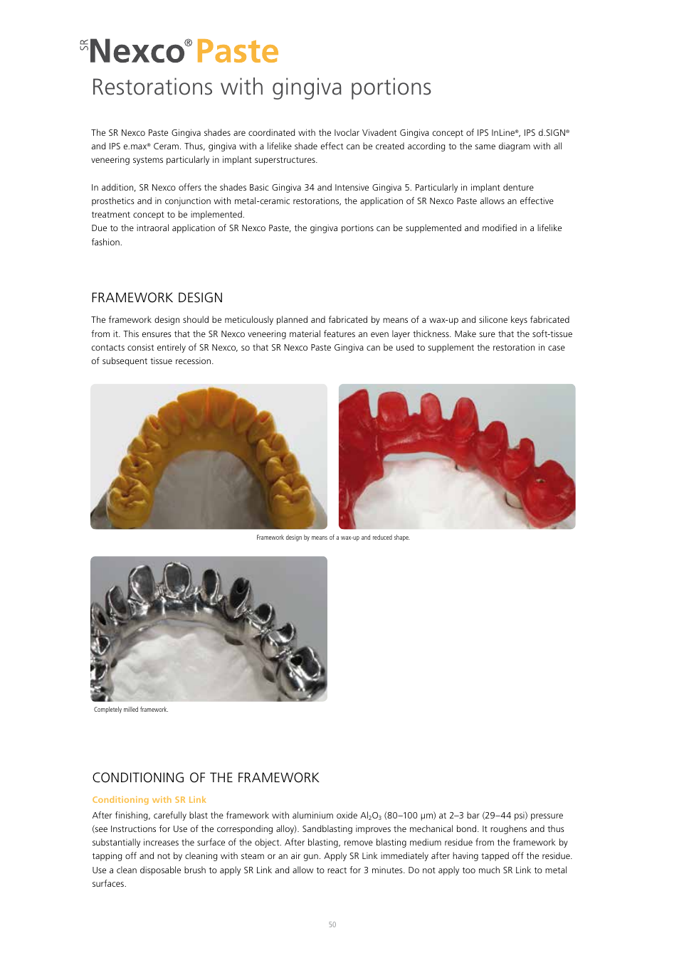 Restorations with gingiva portions, Framework design, Conditioning of the framework | Ivoclar Vivadent SR Nexco Paste User Manual | Page 50 / 64