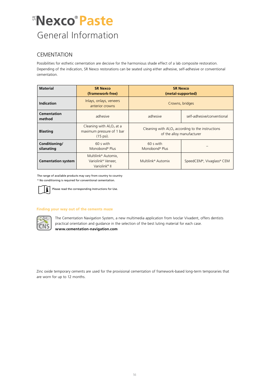 General information, Cementation | Ivoclar Vivadent SR Nexco Paste User Manual | Page 56 / 64
