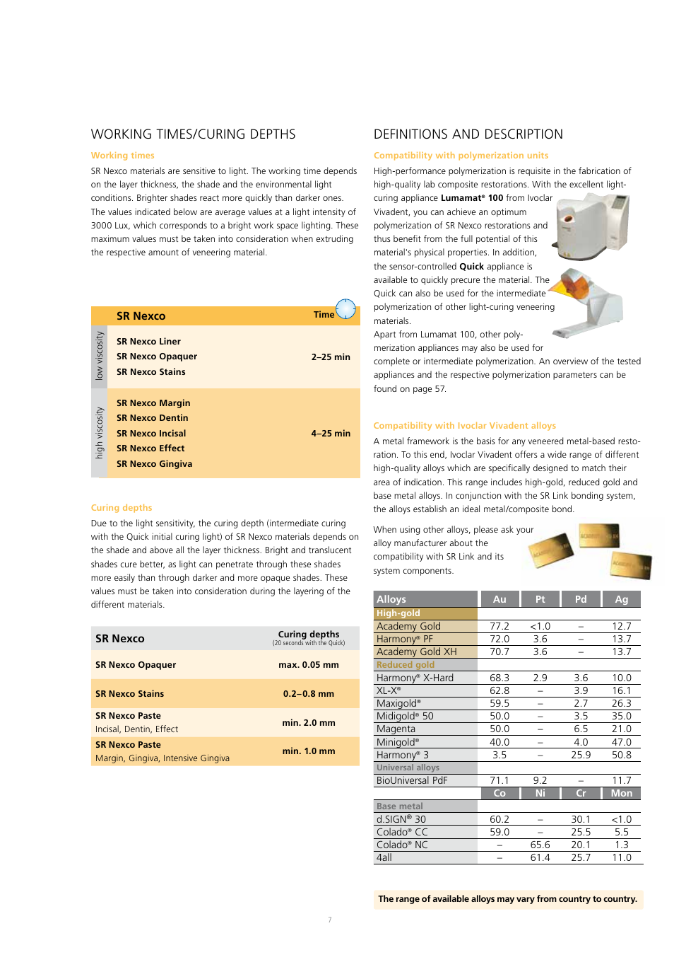 Definitions and description, Working times/curing depths | Ivoclar Vivadent SR Nexco Paste User Manual | Page 7 / 64