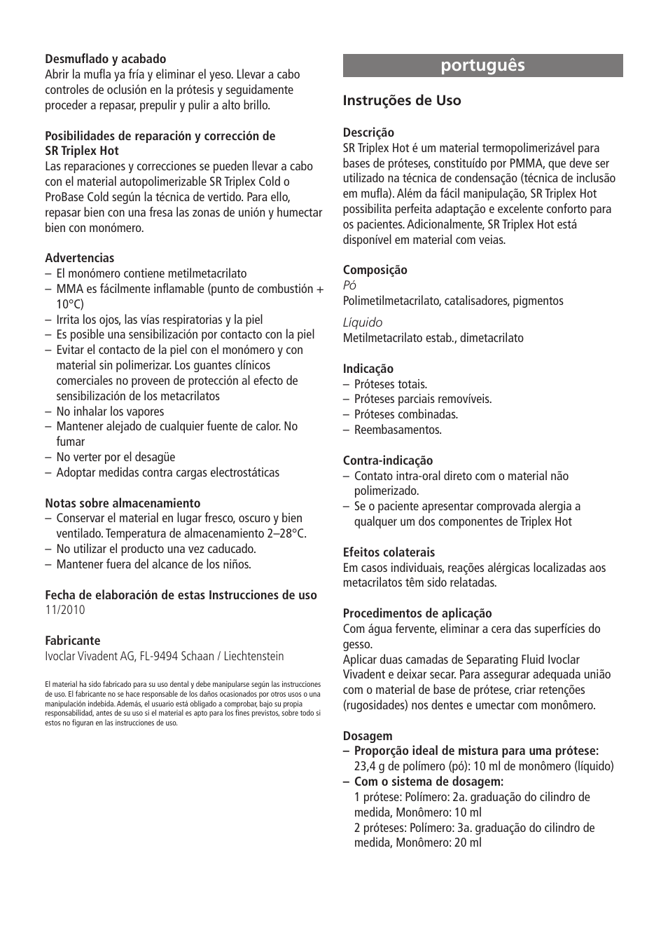 Português | Ivoclar Vivadent SR Triplex Hot User Manual | Page 9 / 20