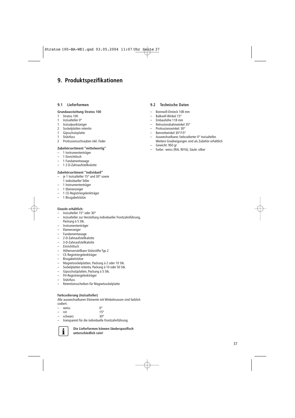 Produktspezifikationen | Ivoclar Vivadent Stratos 100 User Manual | Page 37 / 92