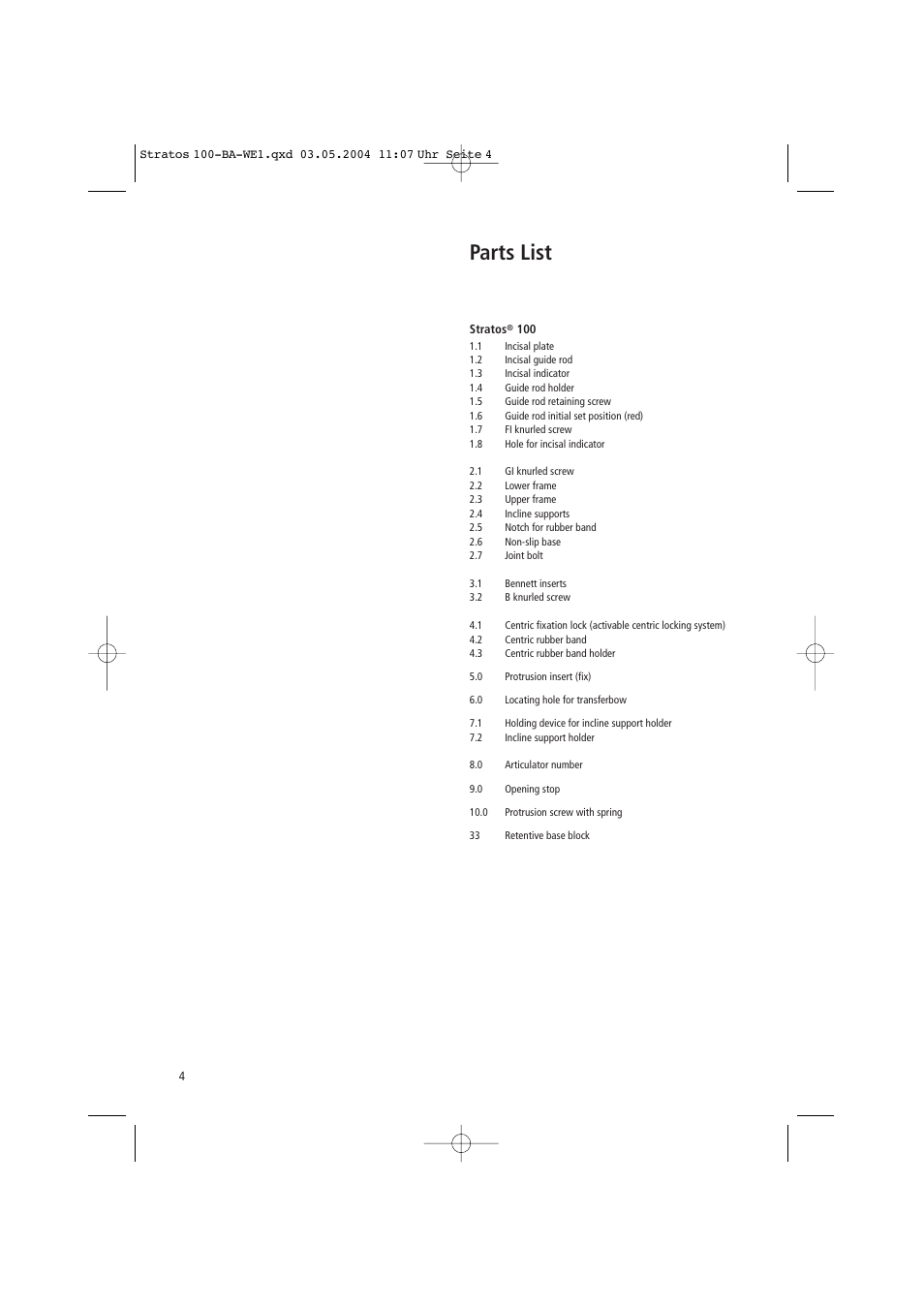 Parts list | Ivoclar Vivadent Stratos 100 User Manual | Page 4 / 92
