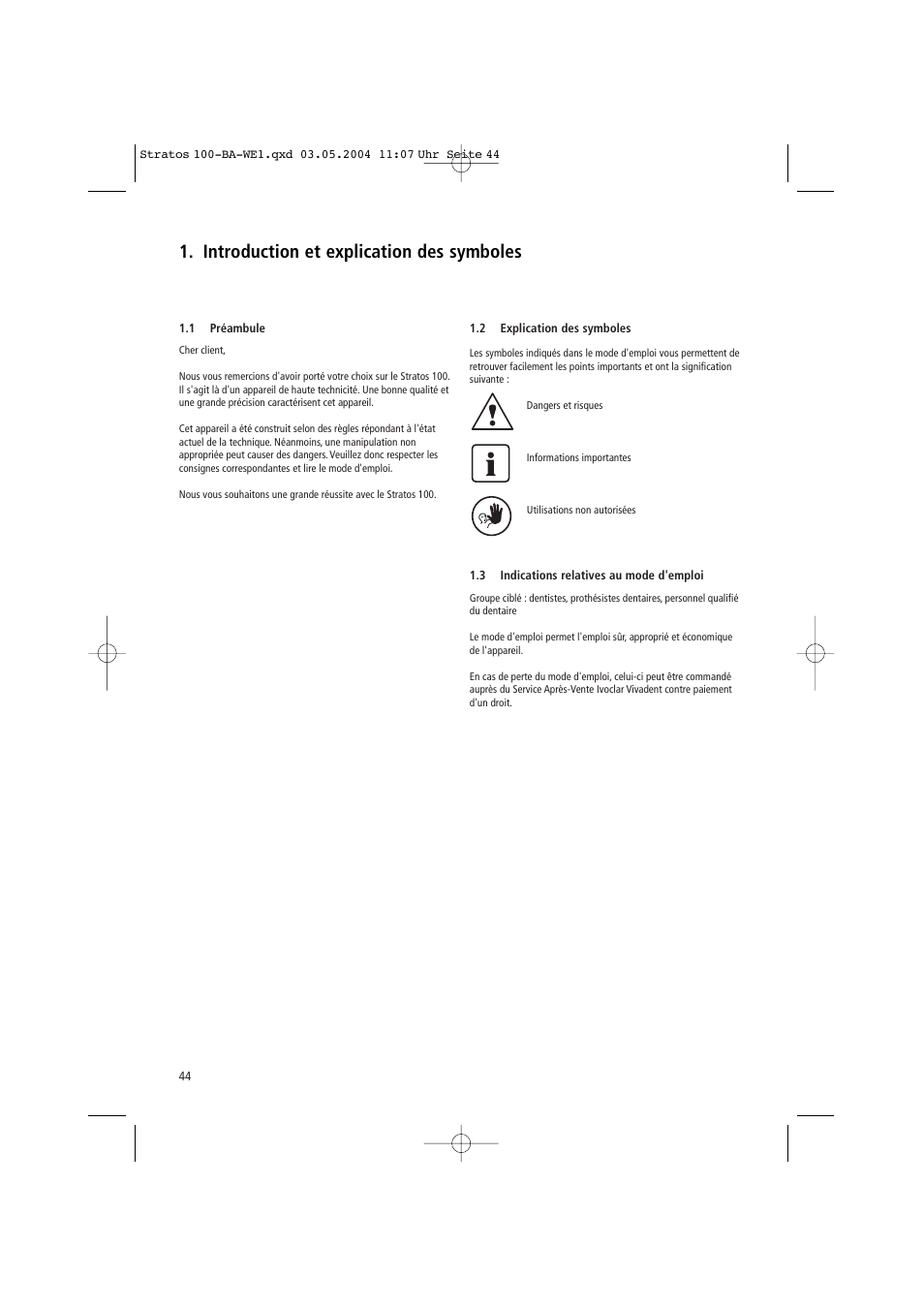Introduction et explication des symboles | Ivoclar Vivadent Stratos 100 User Manual | Page 44 / 92