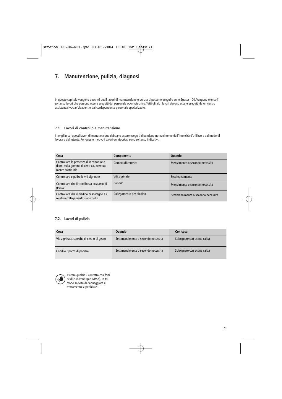 Manutenzione, pulizia, diagnosi | Ivoclar Vivadent Stratos 100 User Manual | Page 71 / 92
