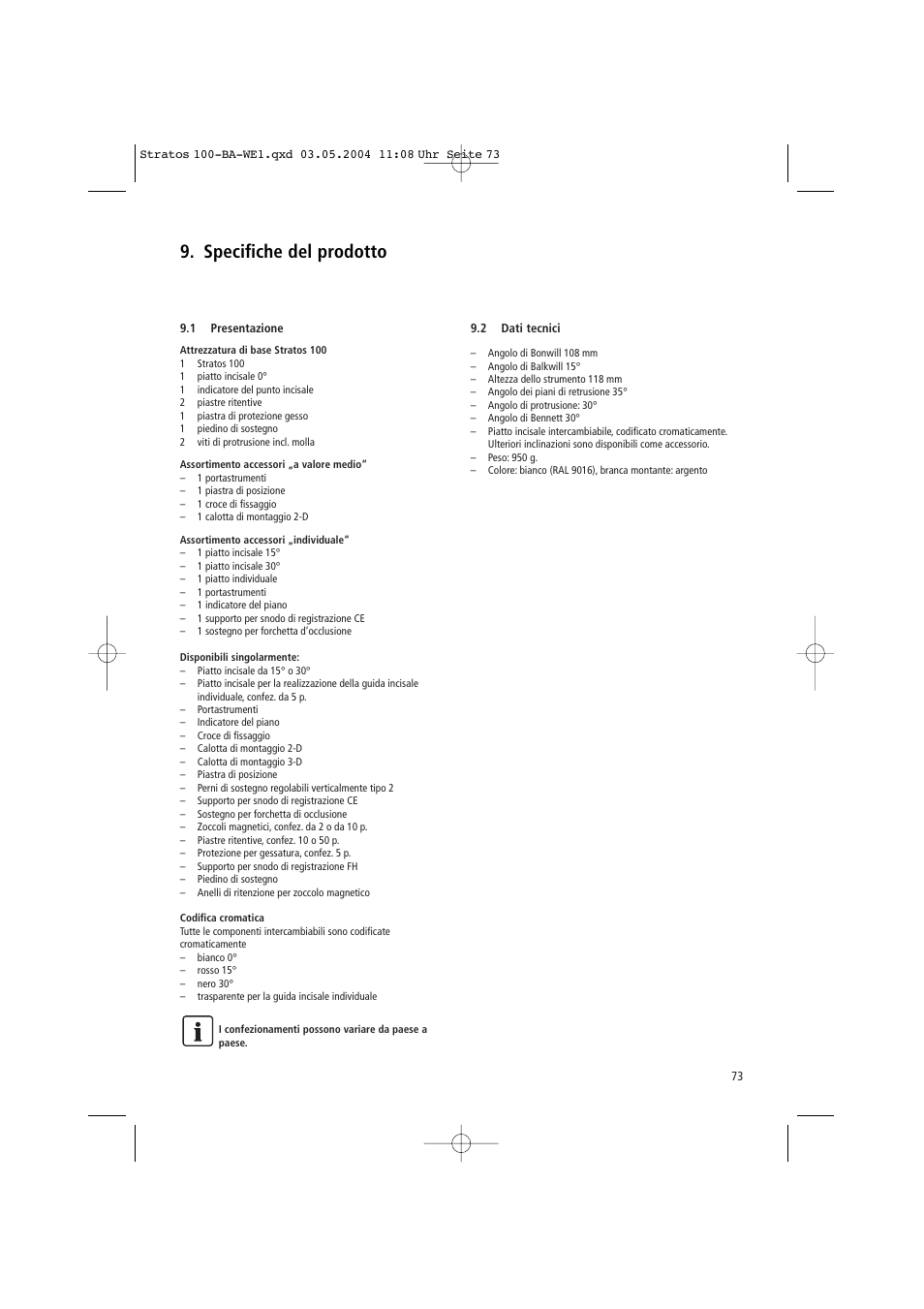 Specifiche del prodotto | Ivoclar Vivadent Stratos 100 User Manual | Page 73 / 92