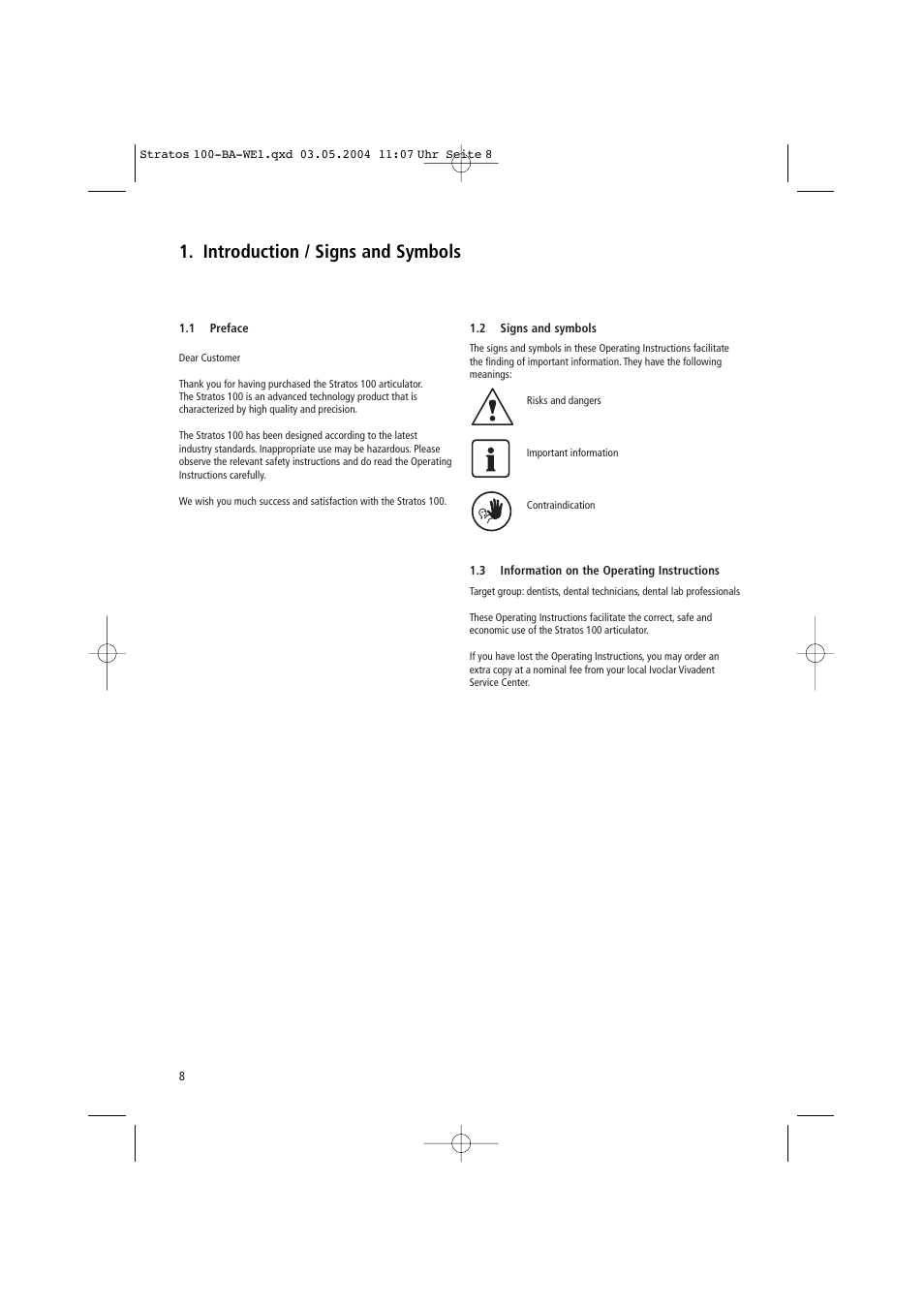 Introduction / signs and symbols | Ivoclar Vivadent Stratos 100 User Manual | Page 8 / 92