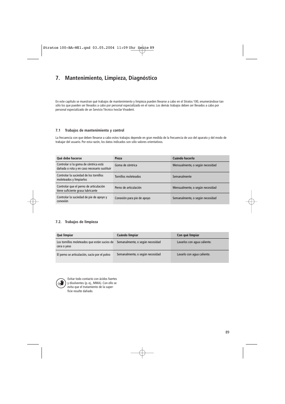 Mantenimiento, limpieza, diagnóstico | Ivoclar Vivadent Stratos 100 User Manual | Page 89 / 92