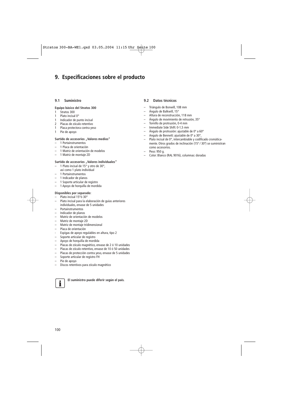 Especificaciones sobre el producto | Ivoclar Vivadent Stratos 300 User Manual | Page 100 / 104