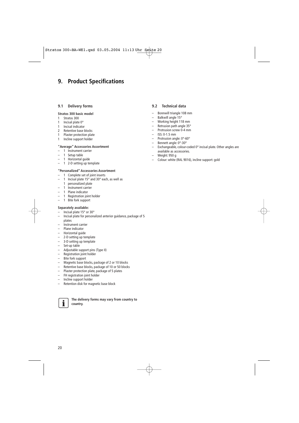 Product specifications | Ivoclar Vivadent Stratos 300 User Manual | Page 20 / 104