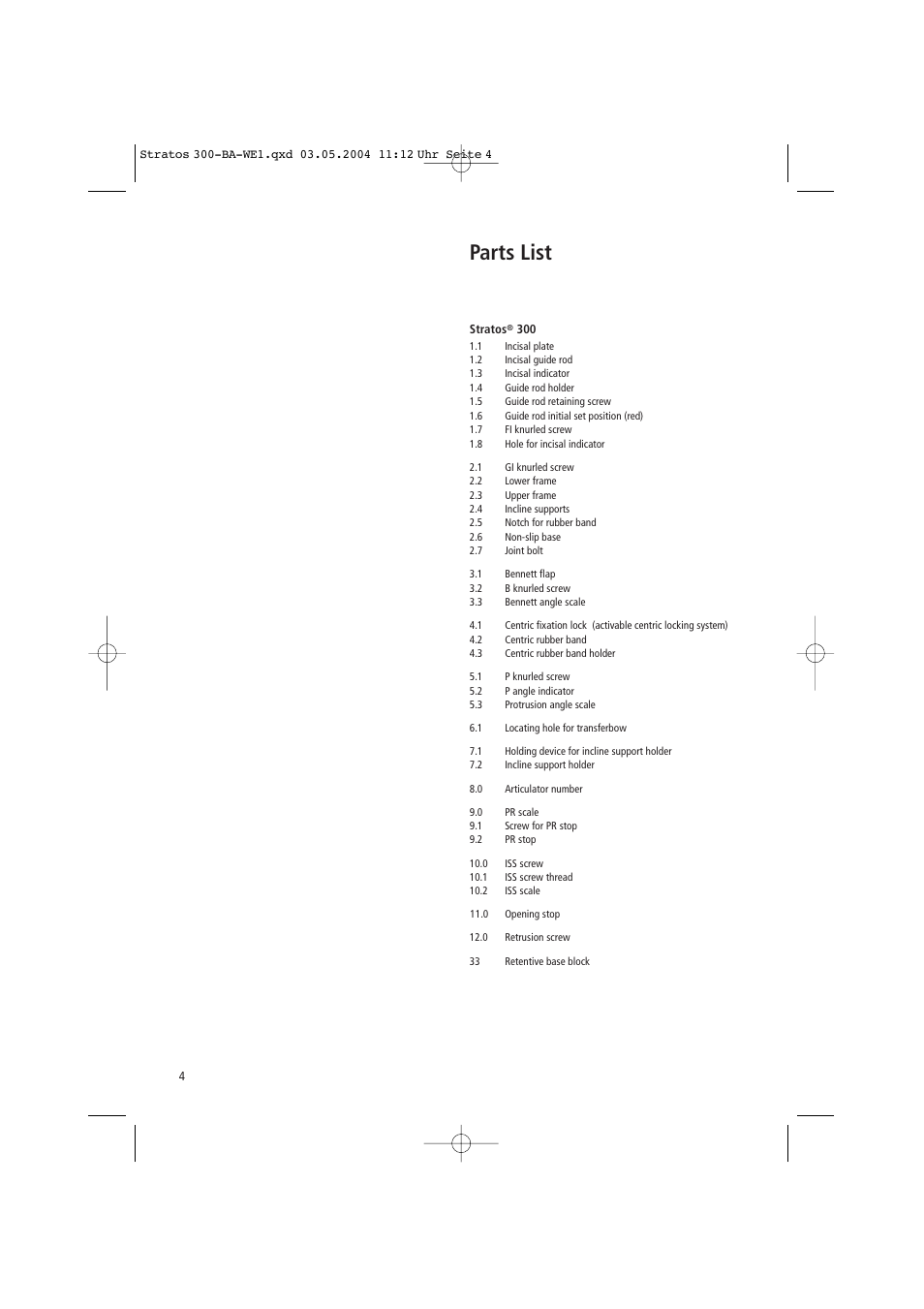 Parts list | Ivoclar Vivadent Stratos 300 User Manual | Page 4 / 104