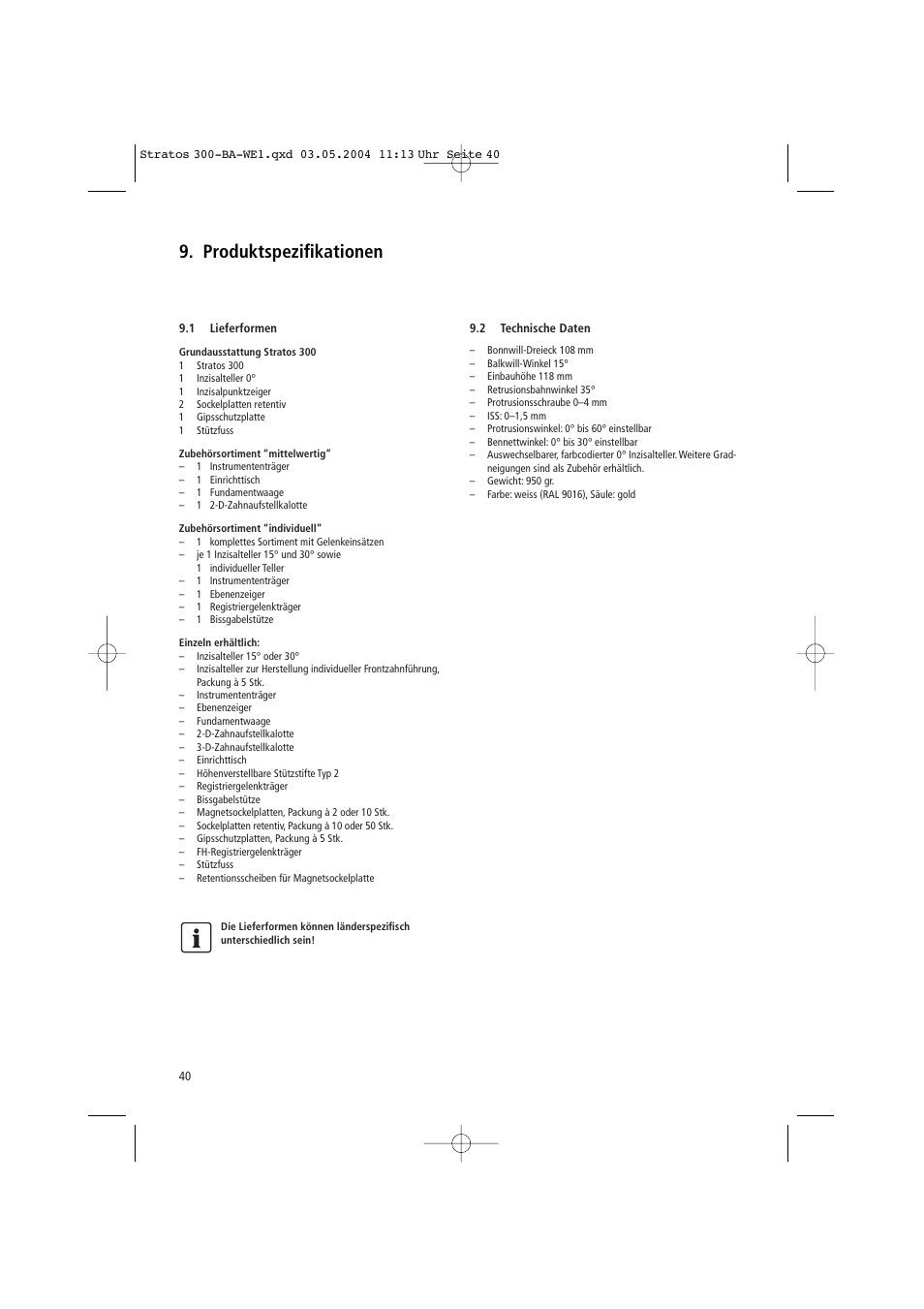 Produktspezifikationen | Ivoclar Vivadent Stratos 300 User Manual | Page 40 / 104