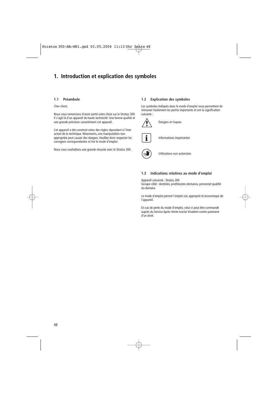 Introduction et explication des symboles | Ivoclar Vivadent Stratos 300 User Manual | Page 48 / 104