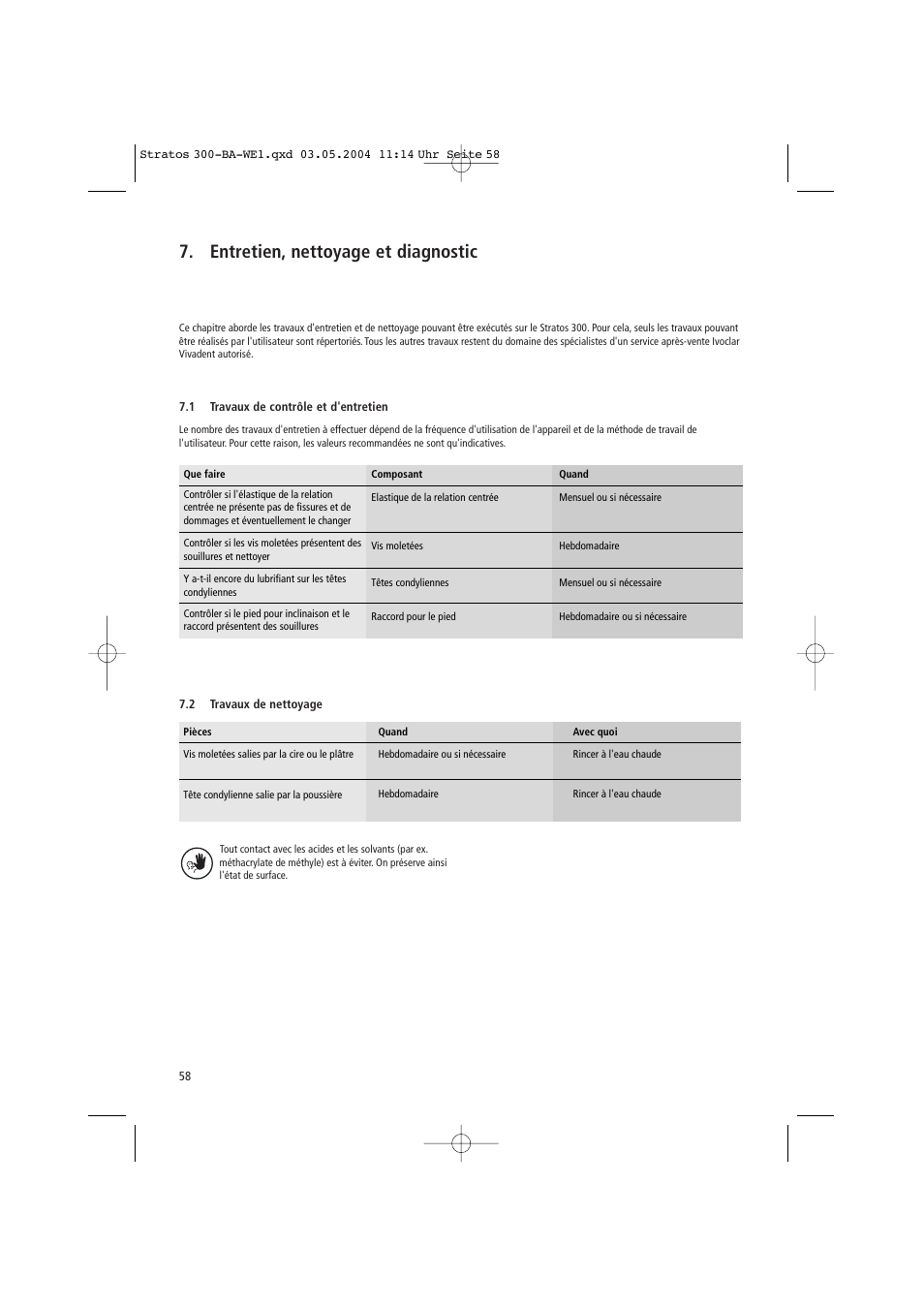 Entretien, nettoyage et diagnostic | Ivoclar Vivadent Stratos 300 User Manual | Page 58 / 104