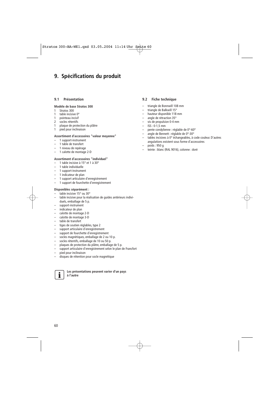 Spécifications du produit | Ivoclar Vivadent Stratos 300 User Manual | Page 60 / 104