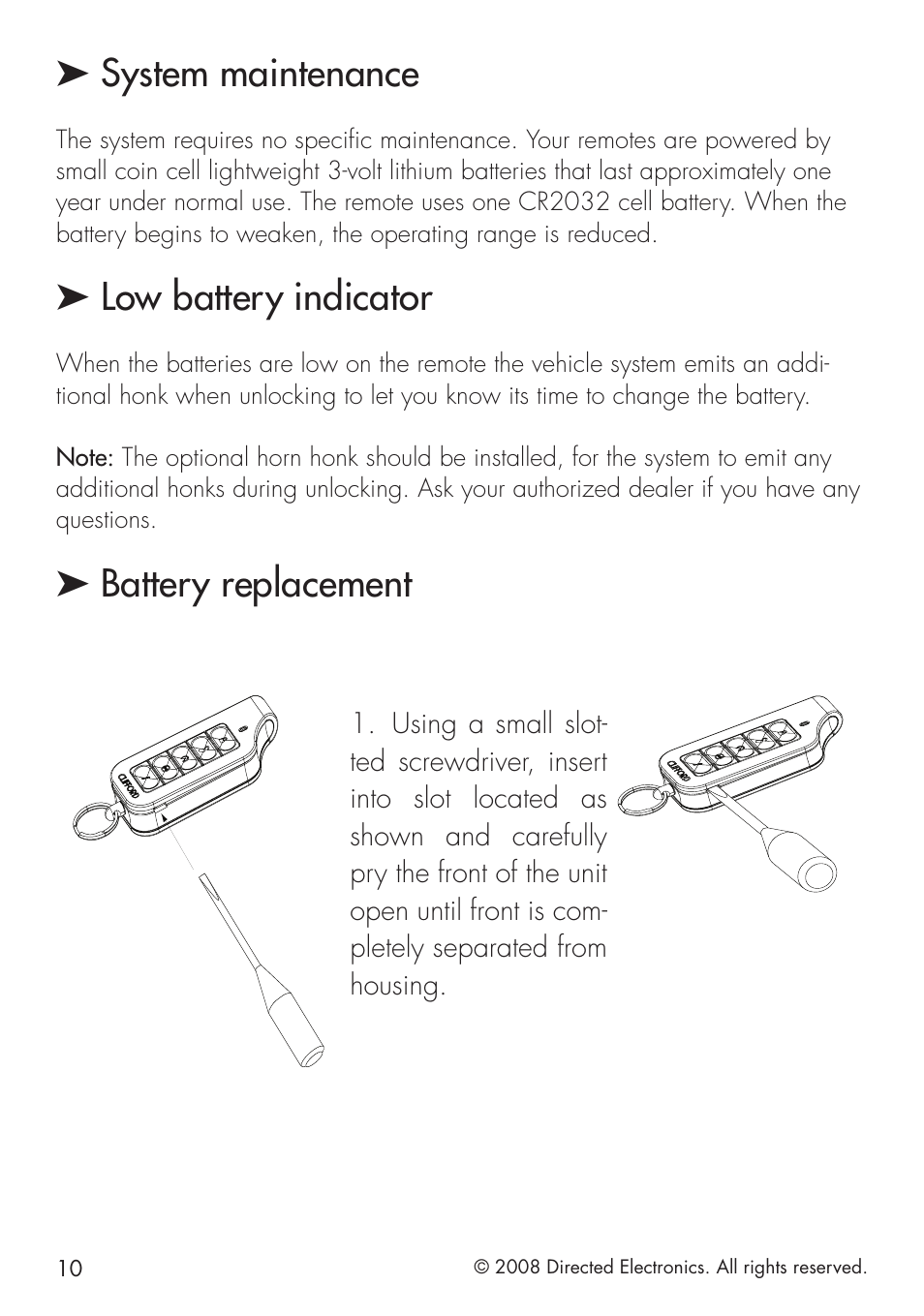 System maintenance, Low battery indicator, Battery replacement | CLIFFORD G4102X User Manual | Page 10 / 40