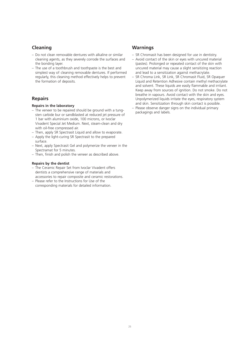 Warnings, Cleaning, Repairs | Ivoclar Vivadent SR Chromasit User Manual | Page 26 / 28