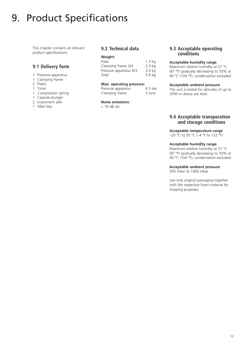 Product specifications | Ivoclar Vivadent SR Ivocap Equipment System User Manual | Page 13 / 16