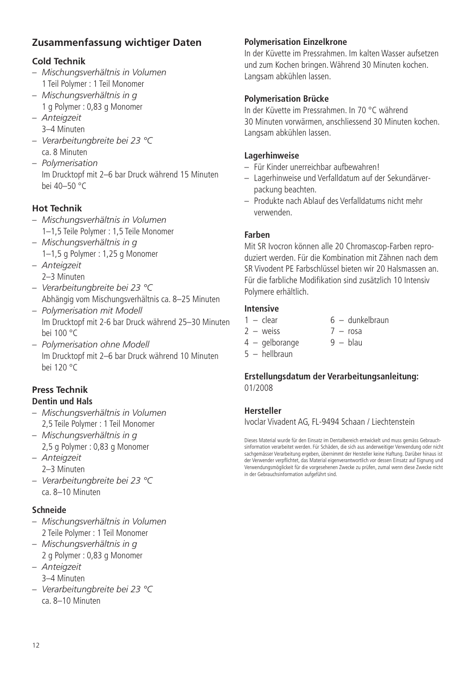 Ivoclar Vivadent SR Ivocron User Manual | Page 12 / 62