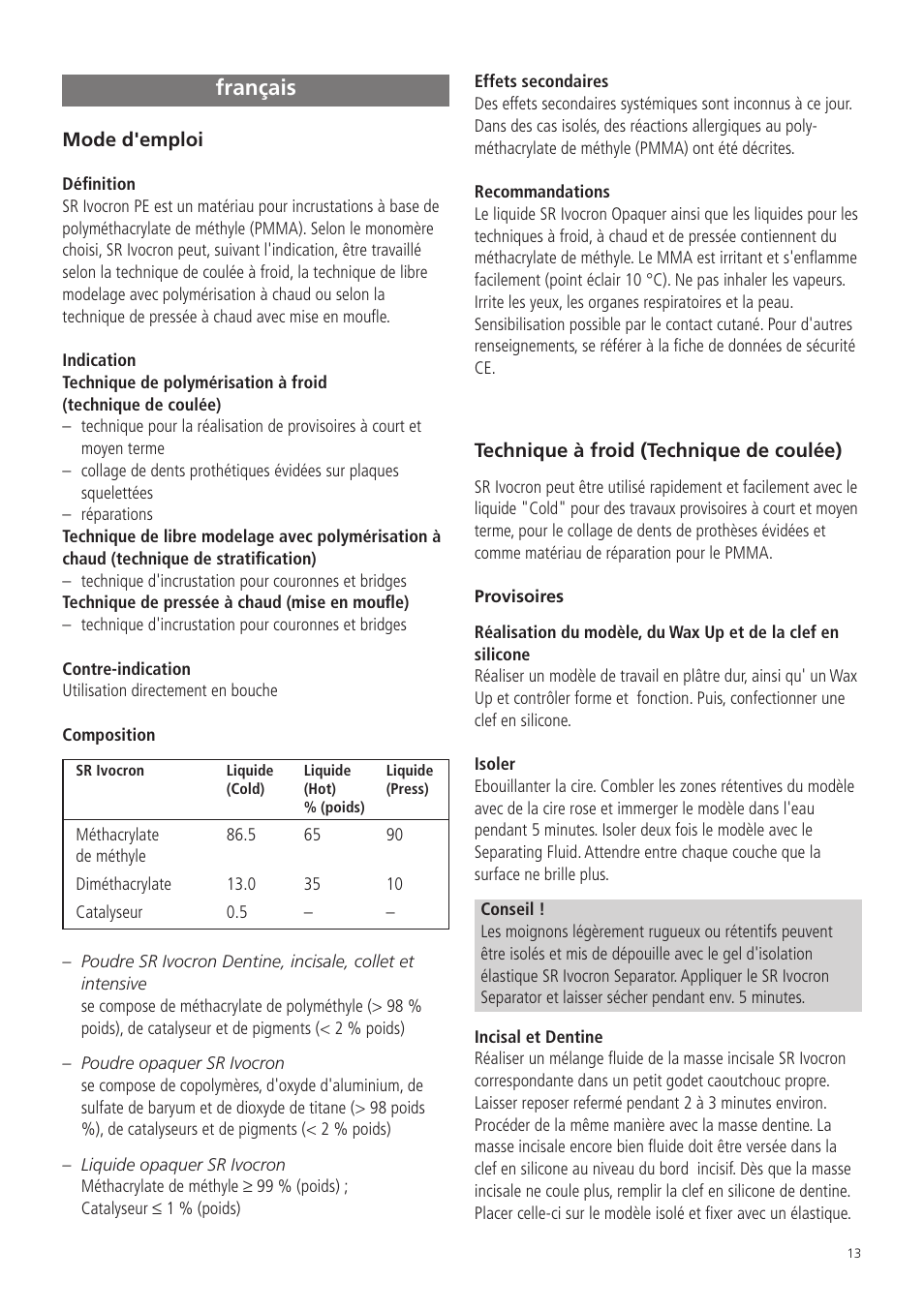 Français | Ivoclar Vivadent SR Ivocron User Manual | Page 13 / 62