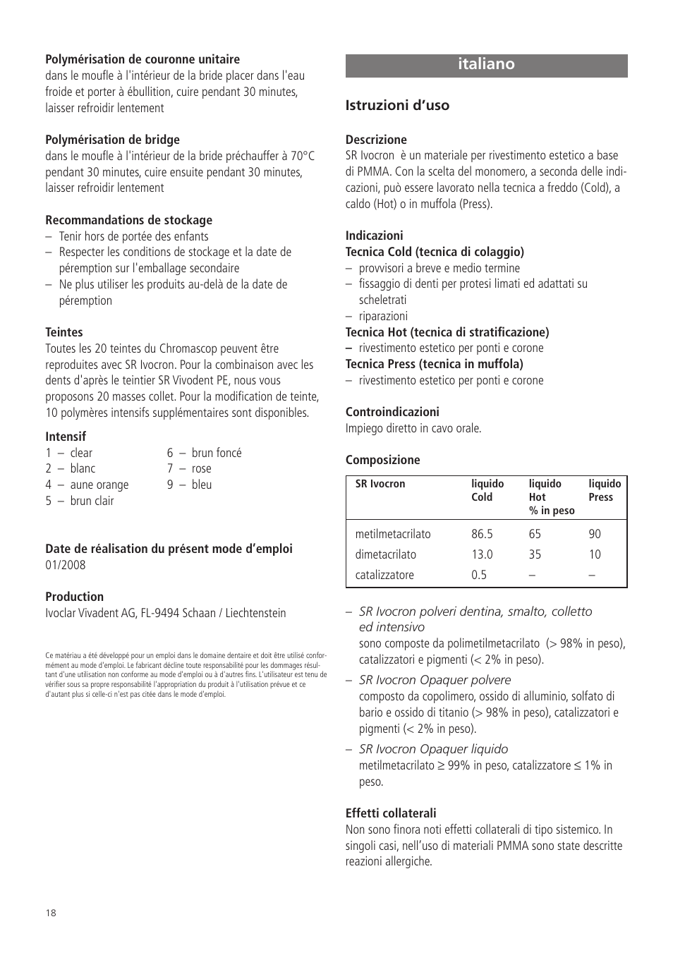 Italiano | Ivoclar Vivadent SR Ivocron User Manual | Page 18 / 62