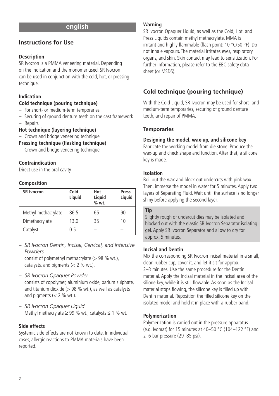 English | Ivoclar Vivadent SR Ivocron User Manual | Page 2 / 62