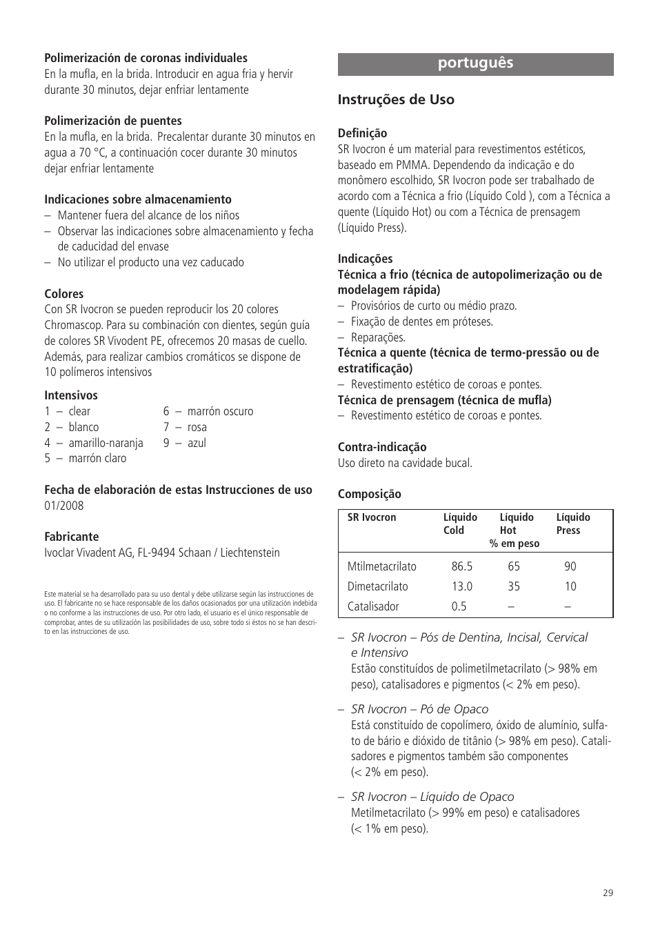 Português | Ivoclar Vivadent SR Ivocron User Manual | Page 29 / 62