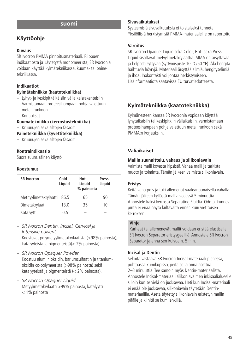 Suomi | Ivoclar Vivadent SR Ivocron User Manual | Page 45 / 62