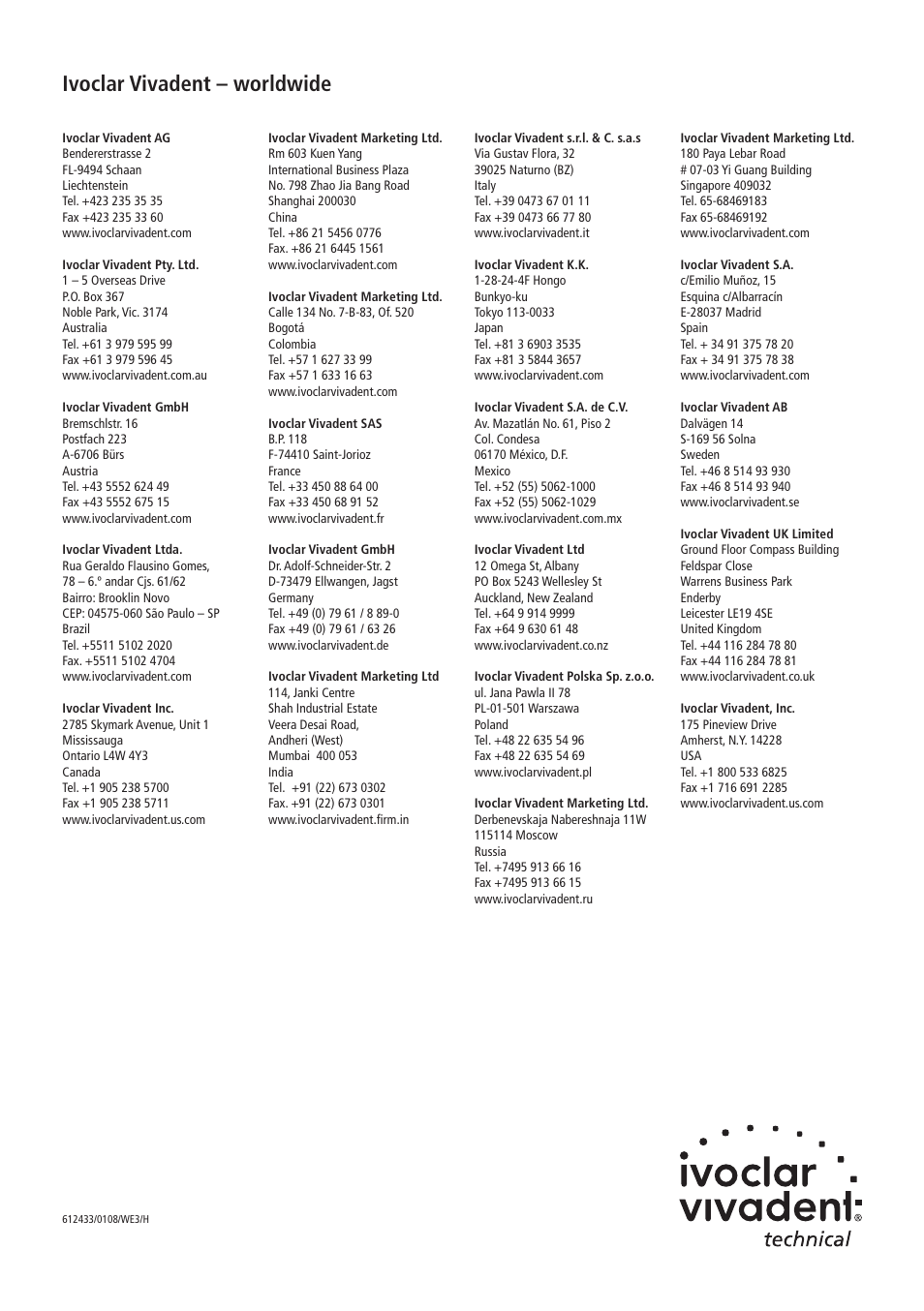 Ivoclar vivadent – worldwide | Ivoclar Vivadent SR Ivocron User Manual | Page 62 / 62