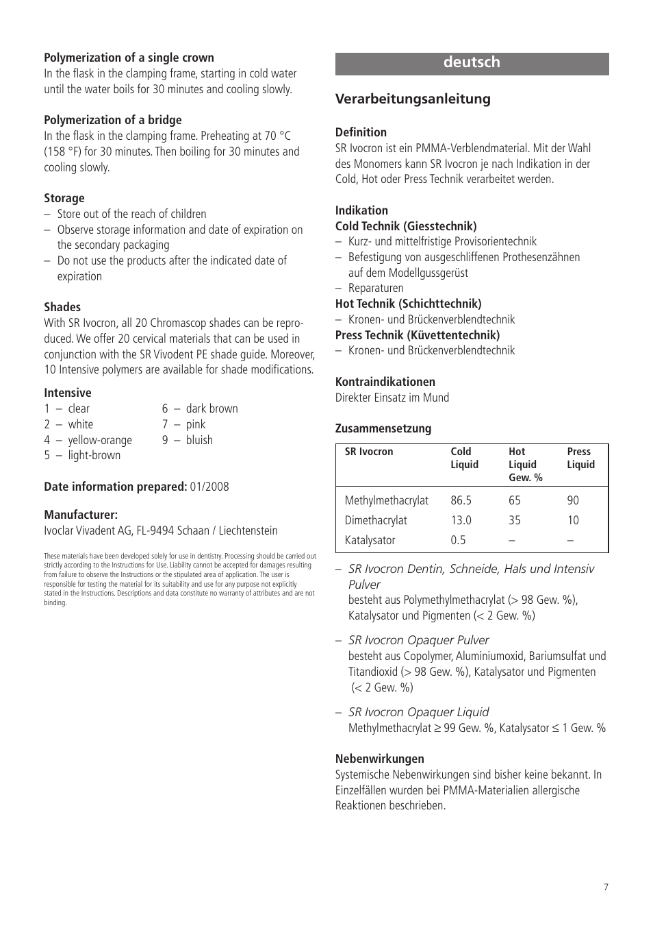 Deutsch | Ivoclar Vivadent SR Ivocron User Manual | Page 7 / 62