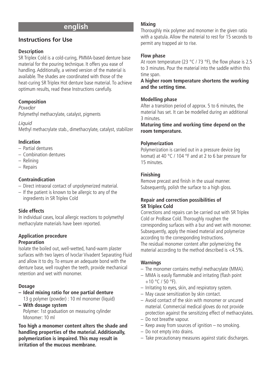 English | Ivoclar Vivadent SR Triplex Cold User Manual | Page 2 / 19