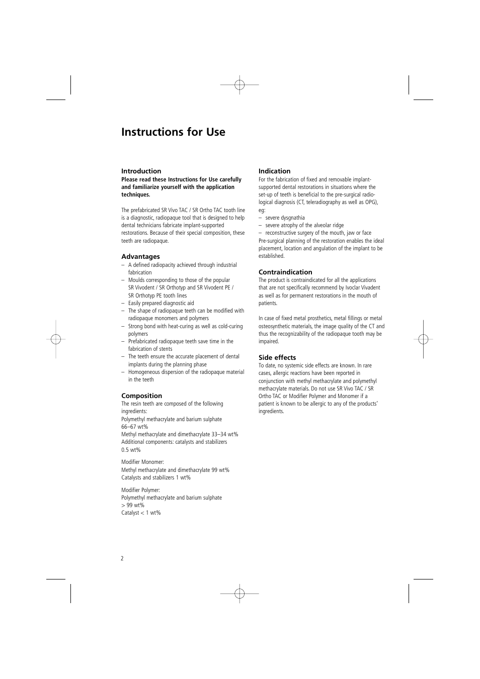 Instructions for use | Ivoclar Vivadent SR Vivo TAC User Manual | Page 2 / 64