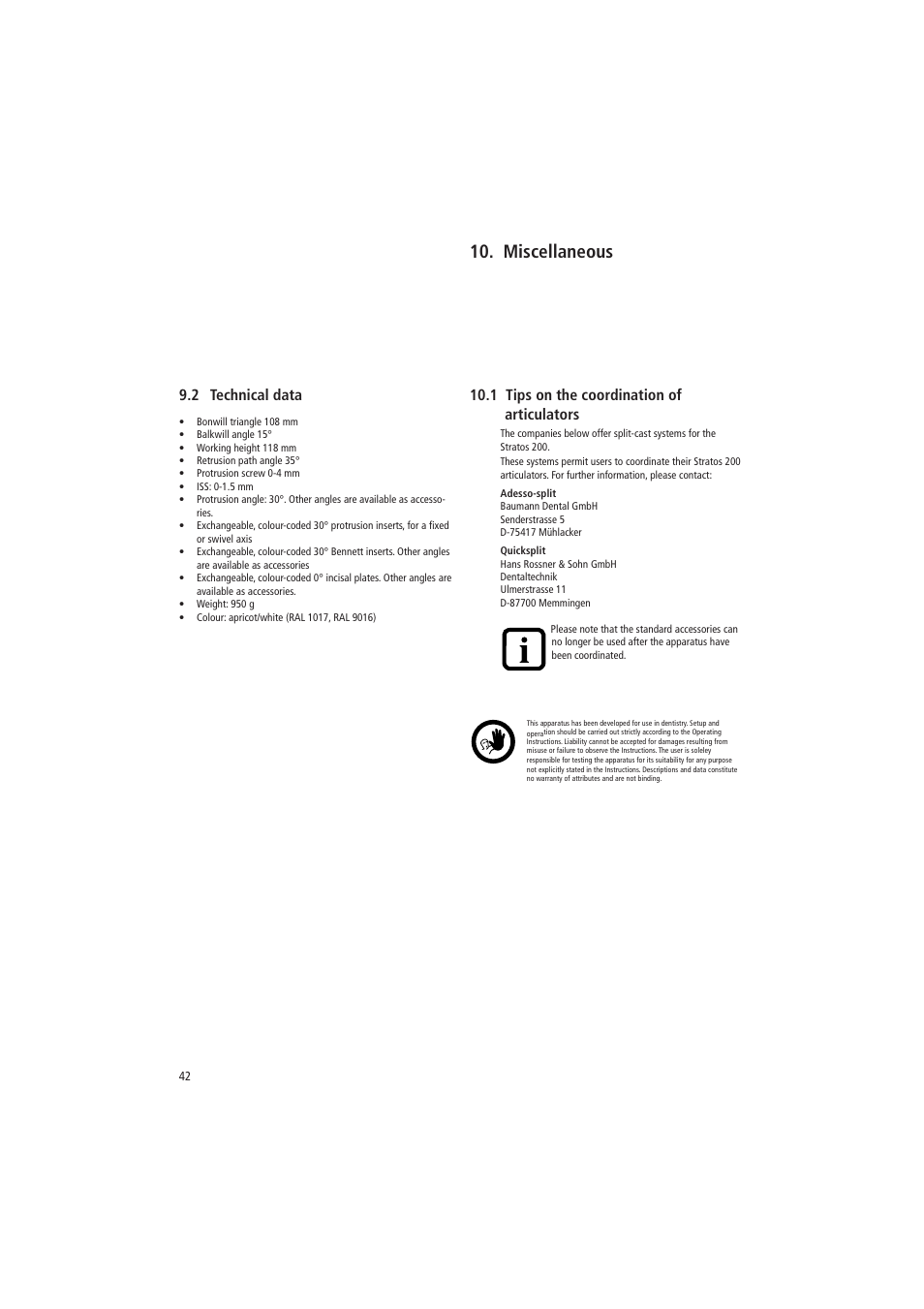 Miscellaneous, 2 technical data, 1 tips on the coordination of articulators | Ivoclar Vivadent Stratos 200 User Manual | Page 21 / 22