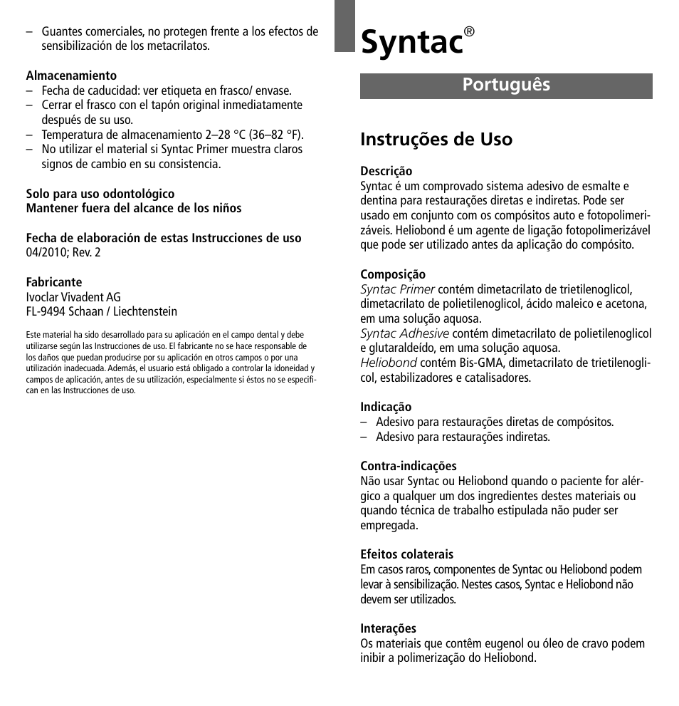 Português, Syntac, Instruções de uso | Ivoclar Vivadent Syntac User Manual | Page 11 / 32