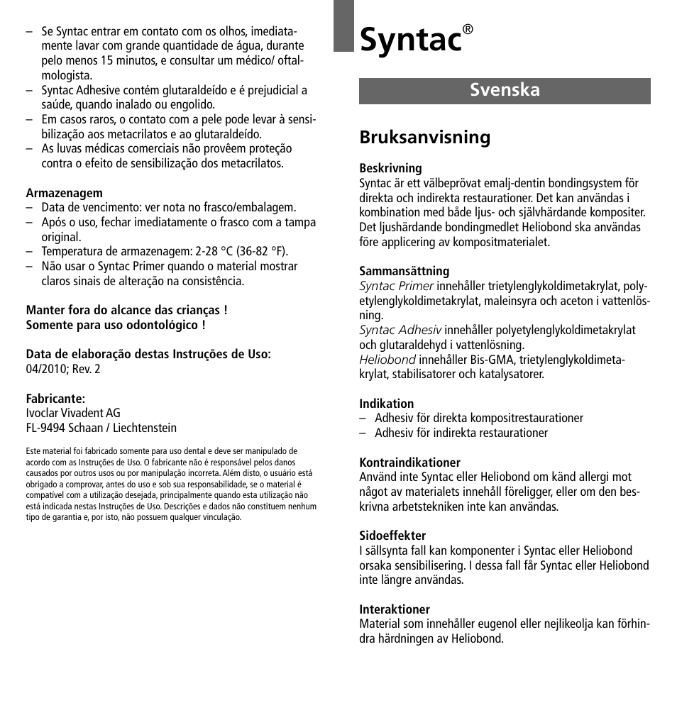 Svenska, Syntac, Bruksanvisning | Ivoclar Vivadent Syntac User Manual | Page 13 / 32