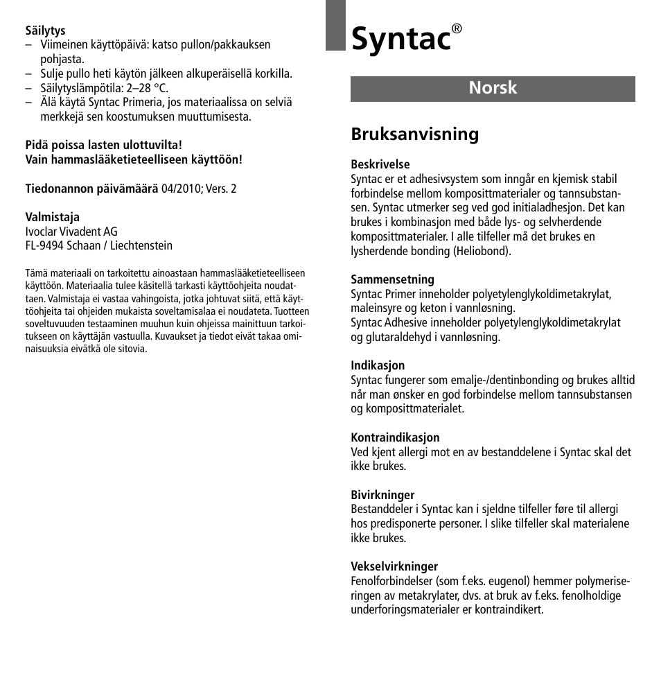 Norsk, Syntac, Bruksanvisning | Ivoclar Vivadent Syntac User Manual | Page 19 / 32