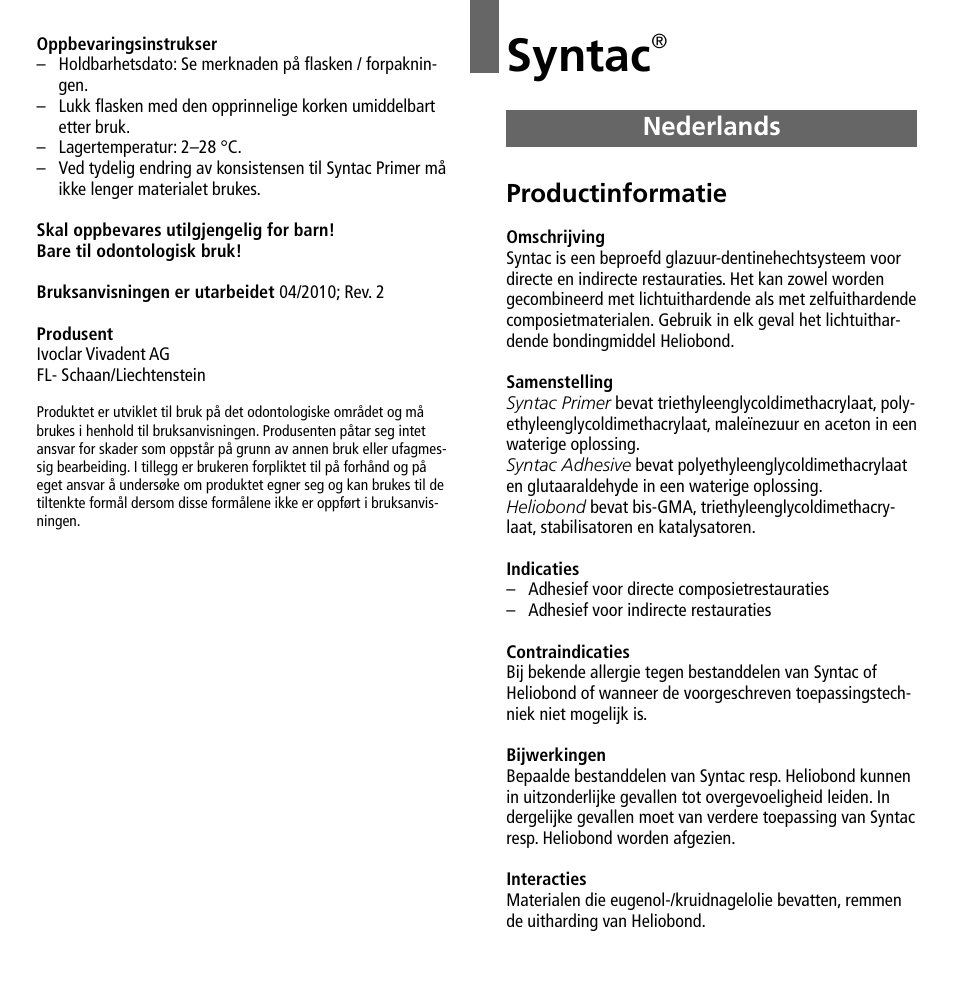 Nederlands, Syntac, Productinformatie | Ivoclar Vivadent Syntac User Manual | Page 21 / 32