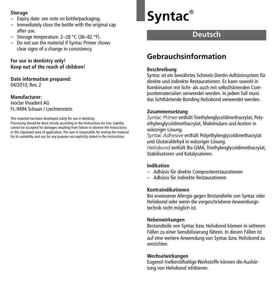 Deutsch, Syntac, Gebrauchsinformation | Ivoclar Vivadent Syntac User Manual | Page 3 / 32