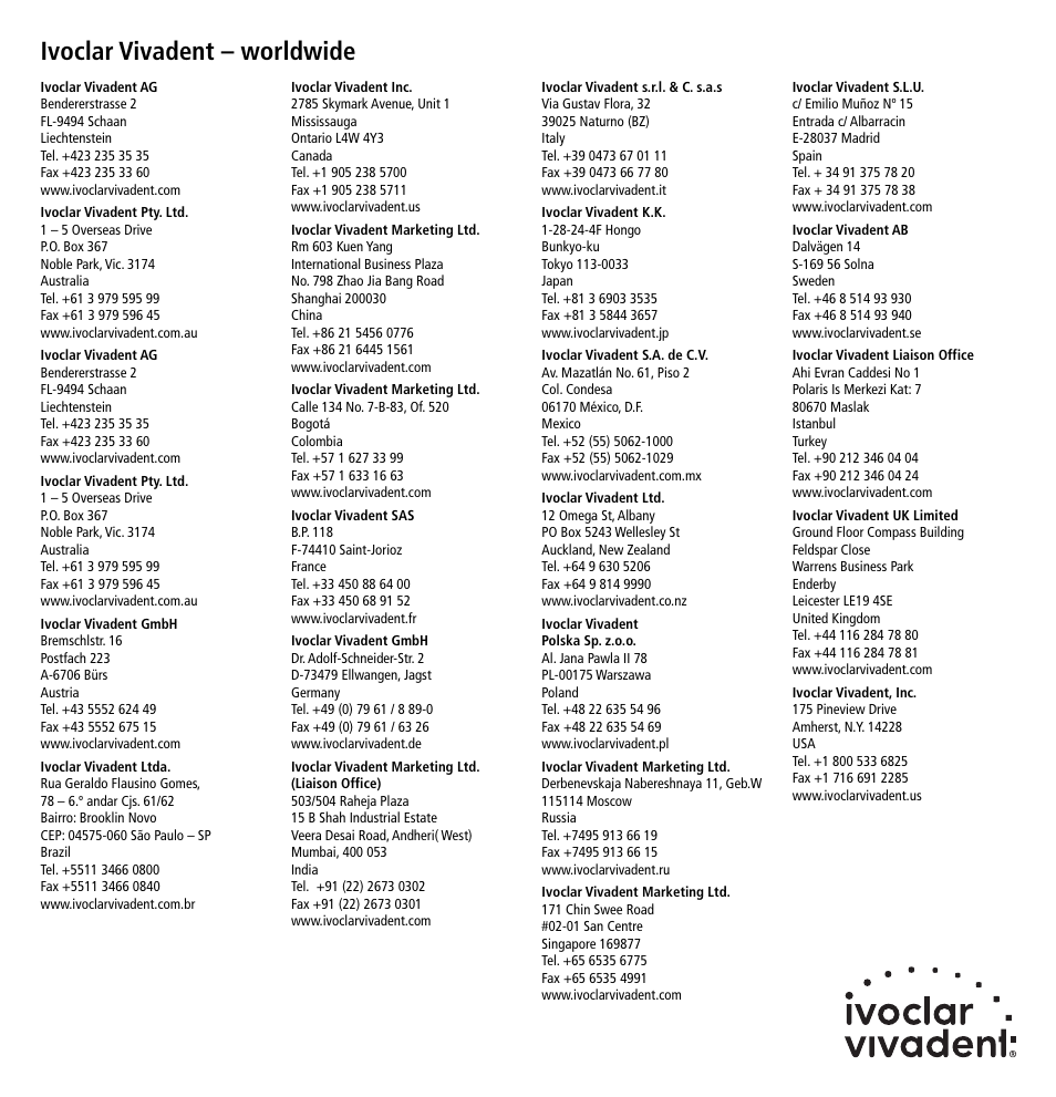 Ivoclar vivadent – worldwide | Ivoclar Vivadent Syntac User Manual | Page 32 / 32