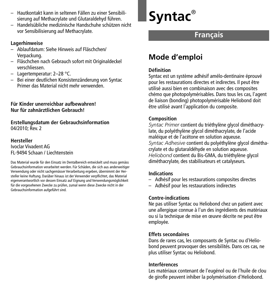 Français, Syntac, Mode d’emploi | Ivoclar Vivadent Syntac User Manual | Page 5 / 32