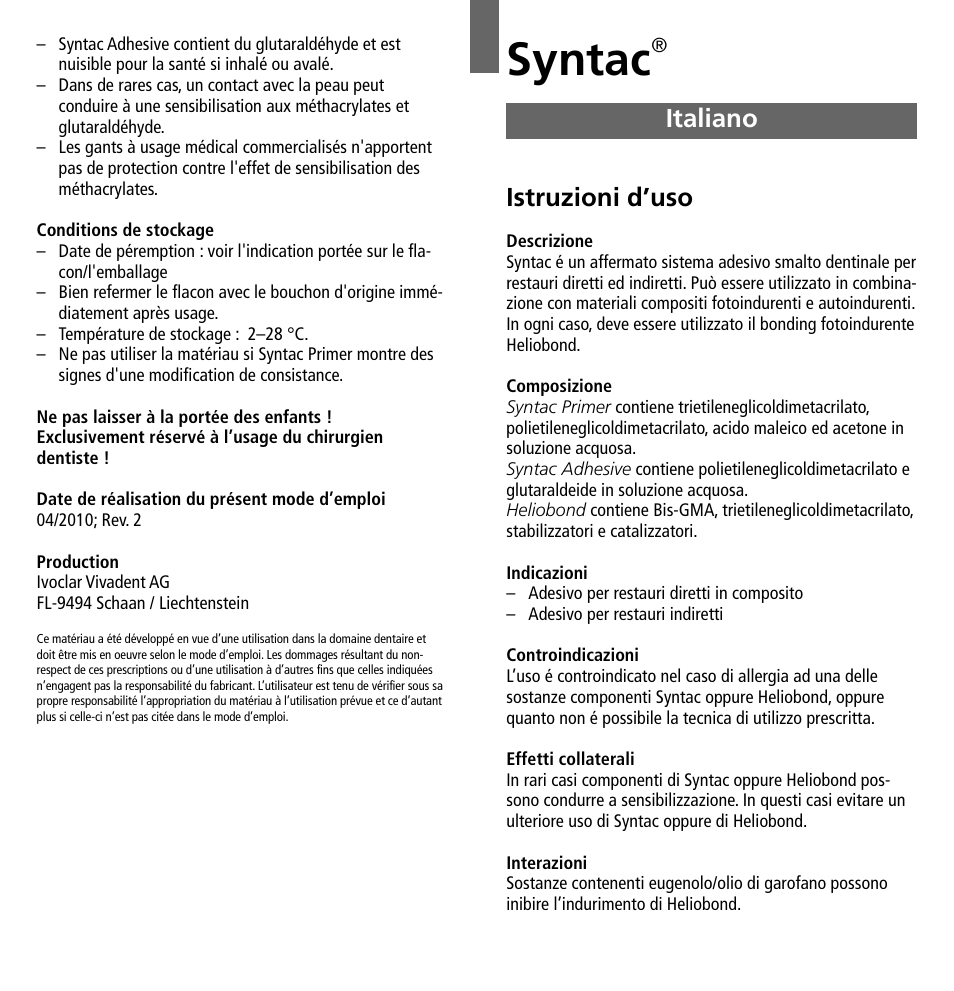 Italiano, Syntac, Istruzioni d’uso | Ivoclar Vivadent Syntac User Manual | Page 7 / 32