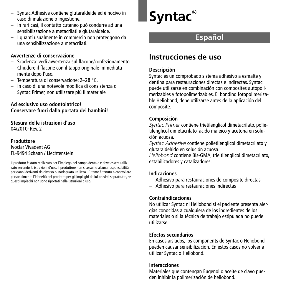 Español, Syntac, Instrucciones de uso | Ivoclar Vivadent Syntac User Manual | Page 9 / 32