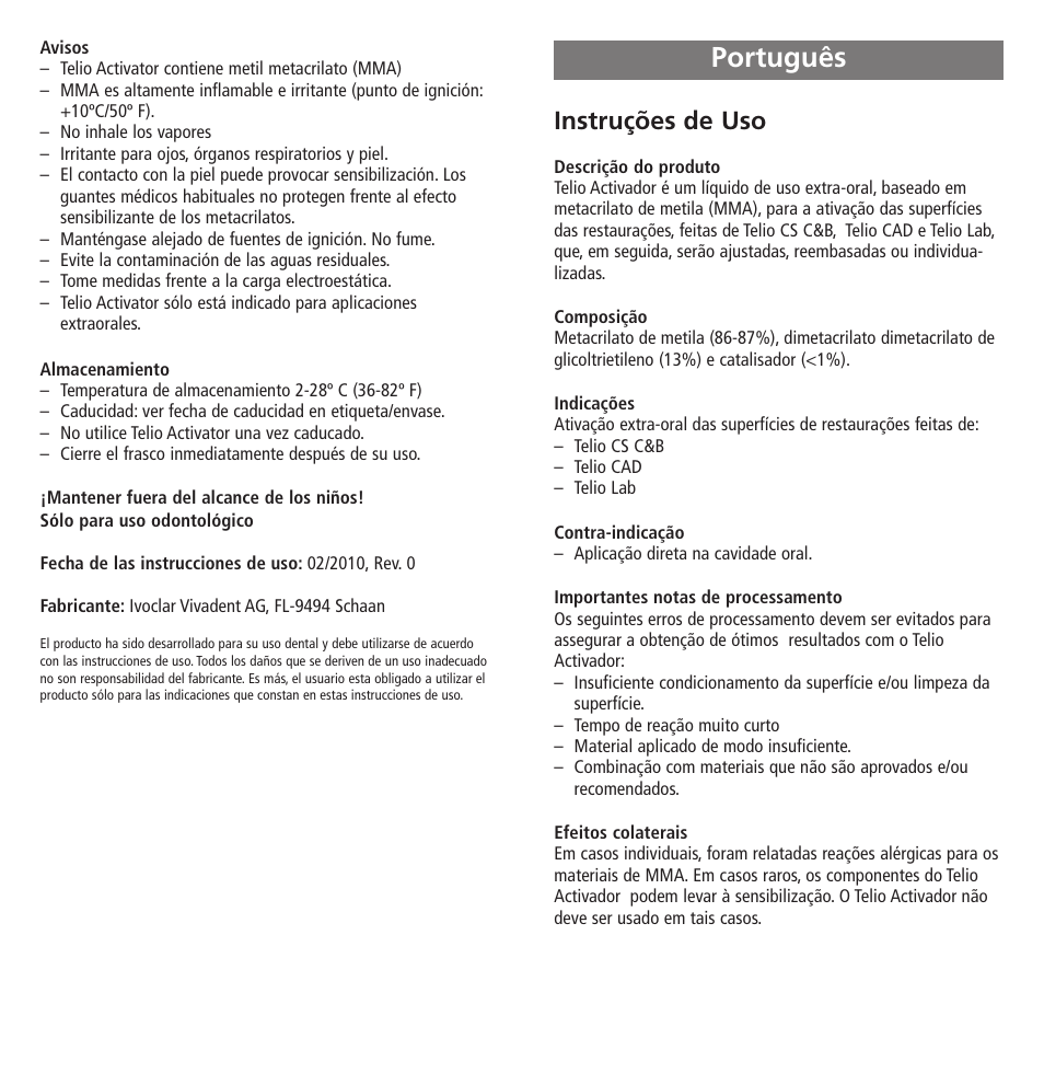 Português, Instruções de uso | Ivoclar Vivadent Telio Activator User Manual | Page 11 / 32