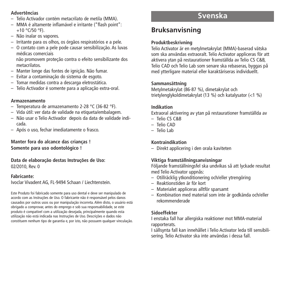 Svenska, Bruksanvisning | Ivoclar Vivadent Telio Activator User Manual | Page 13 / 32