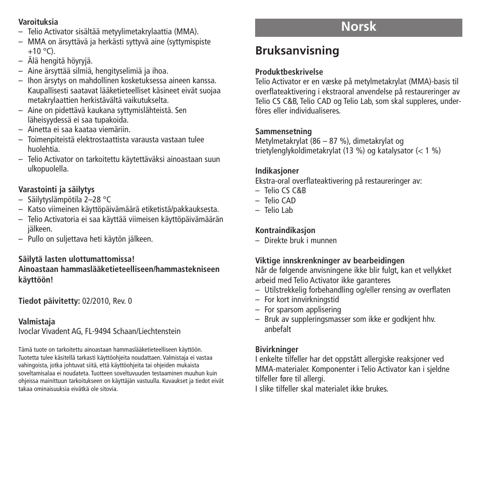 Norsk, Bruksanvisning | Ivoclar Vivadent Telio Activator User Manual | Page 19 / 32
