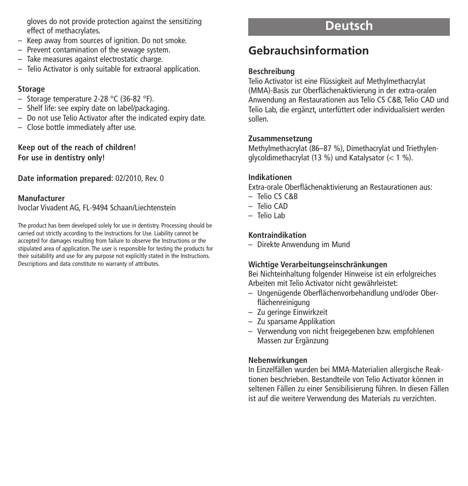 Deutsch, Gebrauchsinformation | Ivoclar Vivadent Telio Activator User Manual | Page 3 / 32