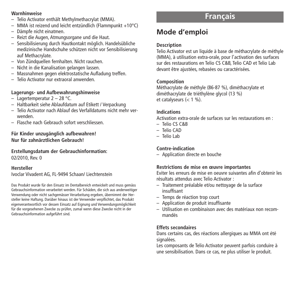 Français, Mode d’emploi | Ivoclar Vivadent Telio Activator User Manual | Page 5 / 32