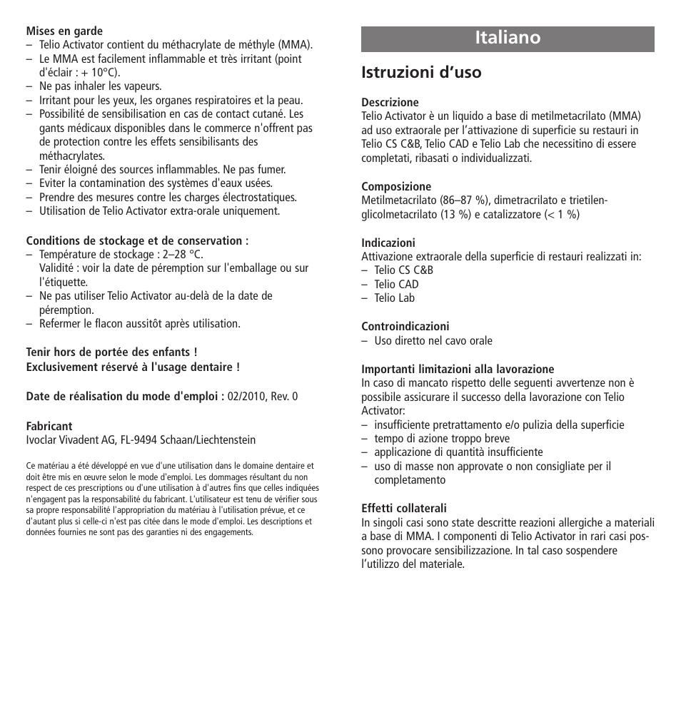 Italiano, Istruzioni d’uso | Ivoclar Vivadent Telio Activator User Manual | Page 7 / 32