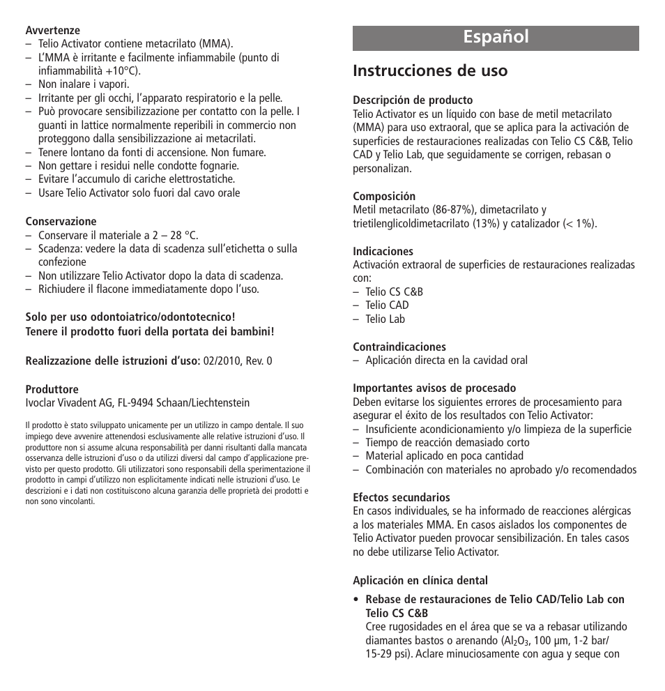 Español, Instrucciones de uso | Ivoclar Vivadent Telio Activator User Manual | Page 9 / 32