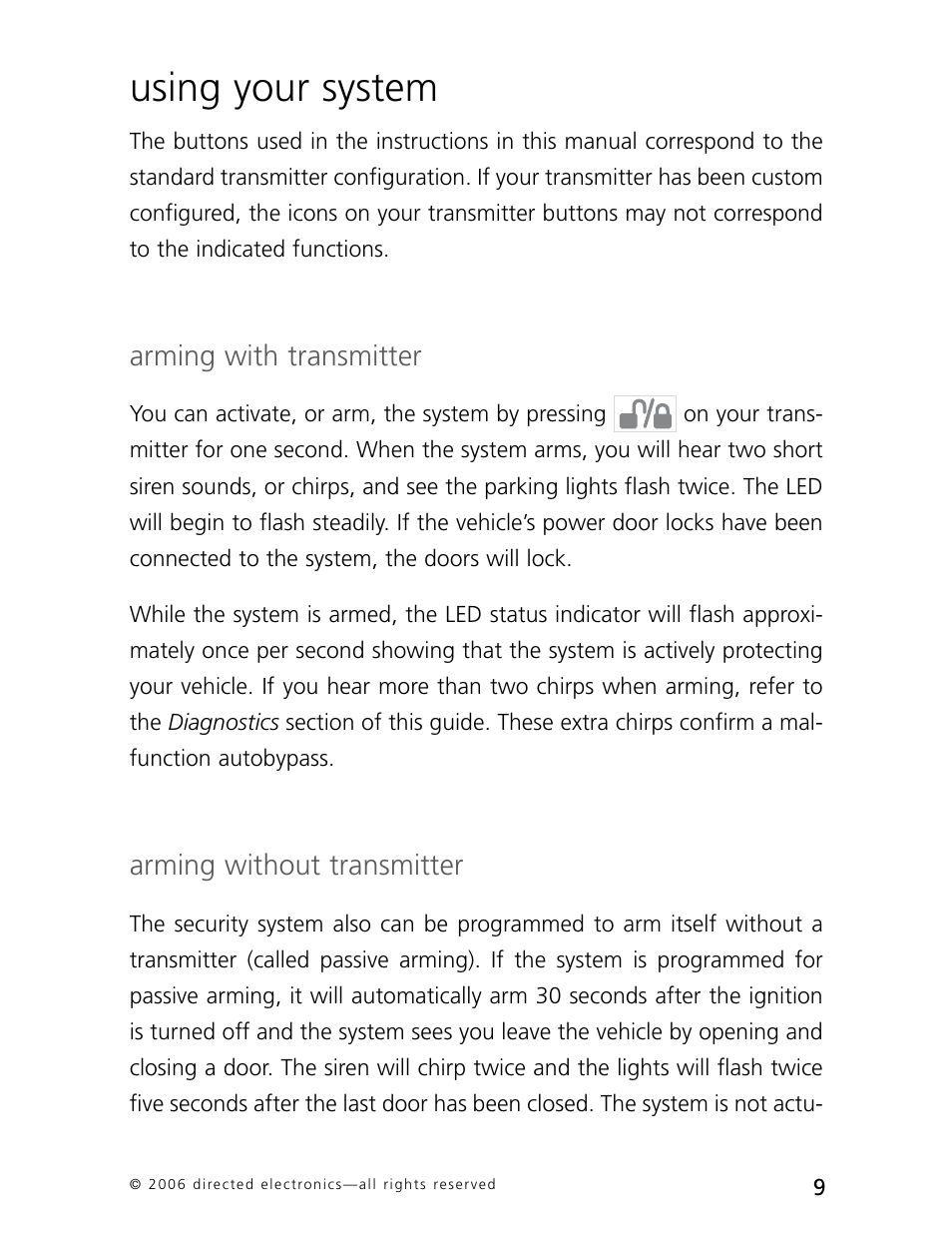 Using your system, Arming with transmitter, Arming without transmitter | CLIFFORD AvantGuard 5.1 User Manual | Page 12 / 53